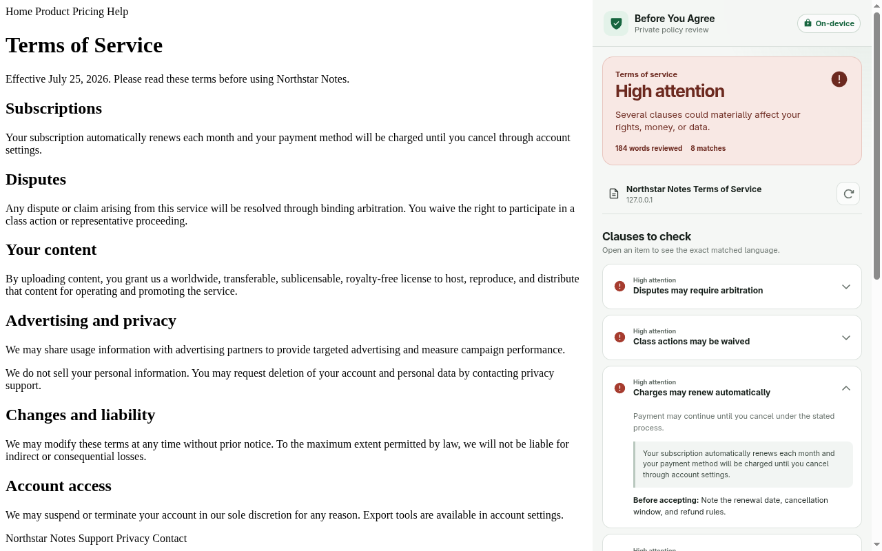 A terms page beside the Before You Agree side panel showing high-attention findings